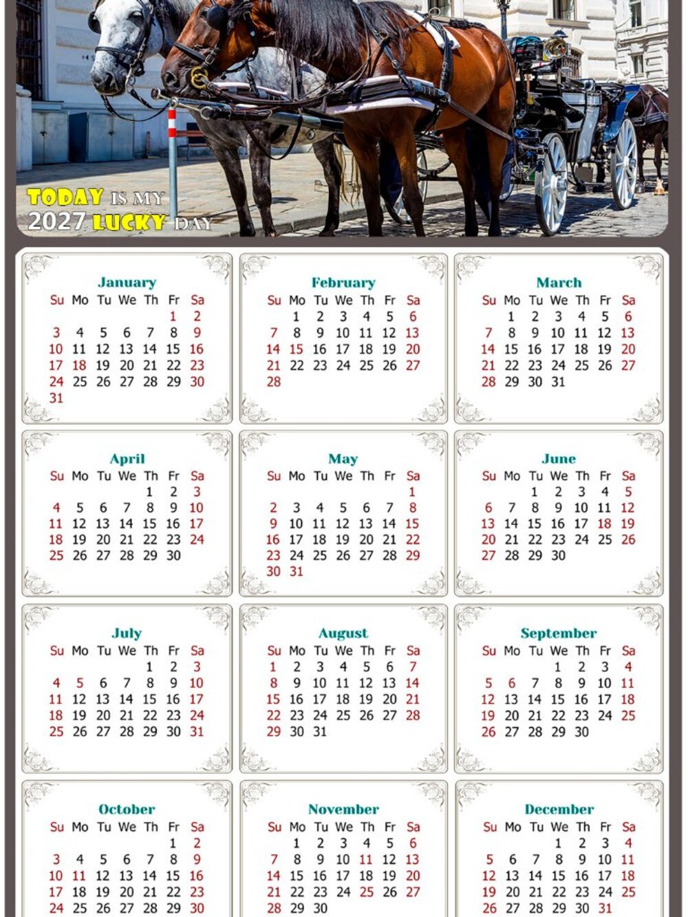 2027 Magnetic Calendar - Today is my Lucky Day - Horses Themed 018 (5.25 x 8)